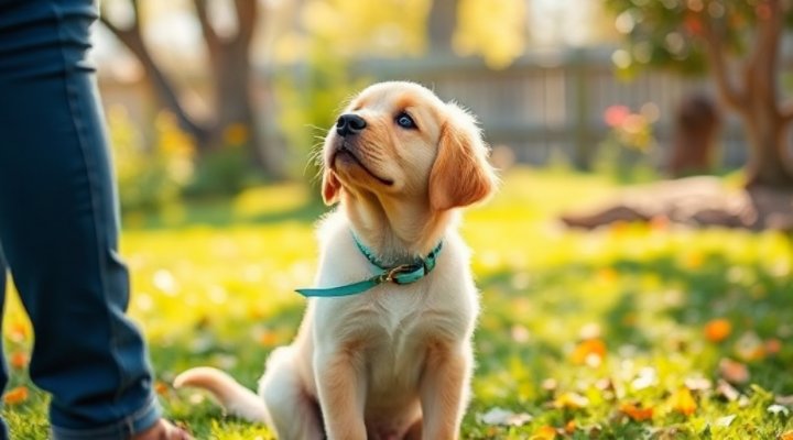Golden retriever puppy sitting during training session