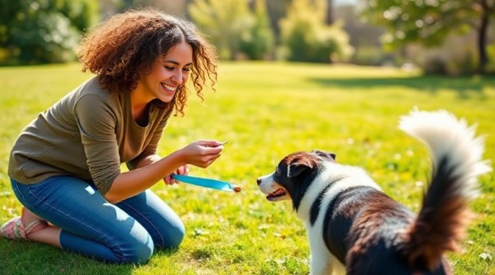 Woman rewarding her dog with treats during training