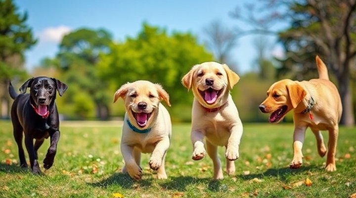 A playful puppy interacting with other dogs in a park
