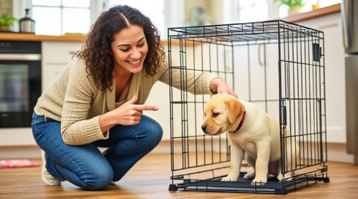 A woman gently introducing her Labrador to a new crate