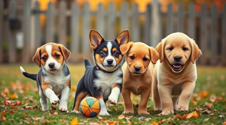 Group of puppies playing together under supervision