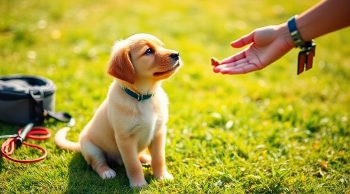 Golden retriever puppy sitting and looking at treats during training session