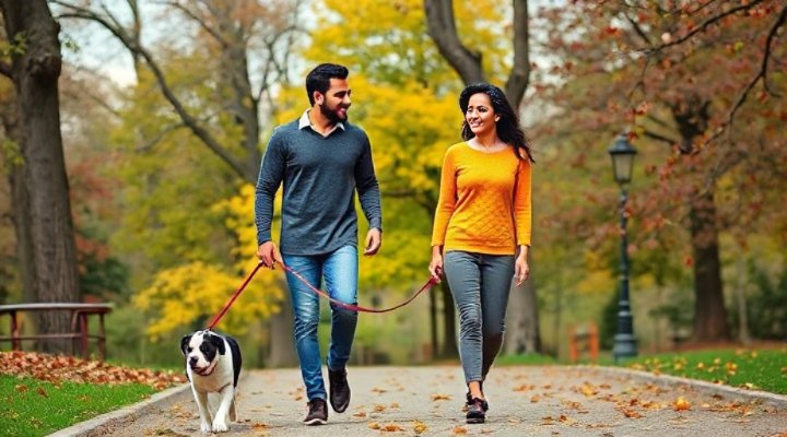 Family enjoying walk with leash-trained dog