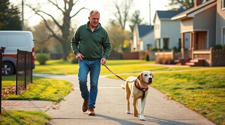 Man walking his well-behaved dog on leash