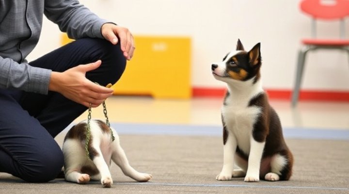 A puppy learning to sit with a trainer