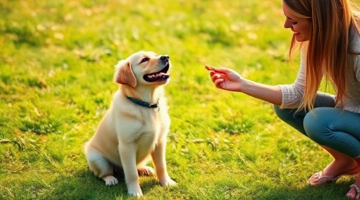 A cute golden retriever puppy sitting obediently with a trainer
