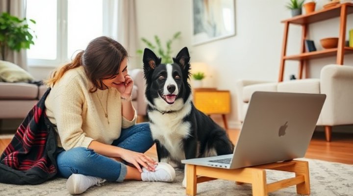Woman watching online dog training video with her dog