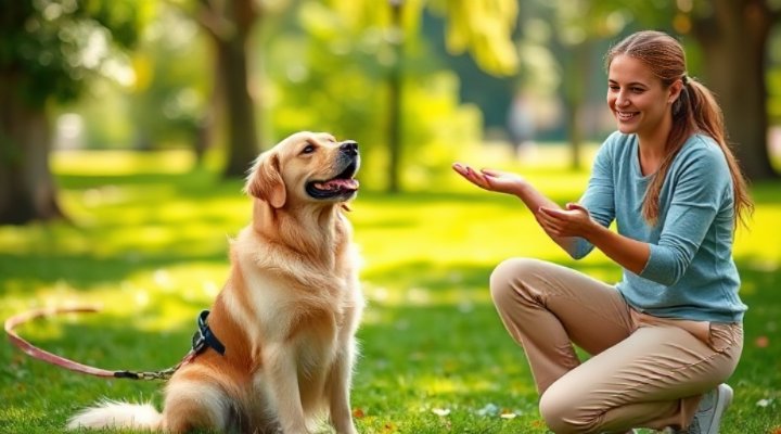 A golden retriever happily following commands from a smiling trainer in a park setting
