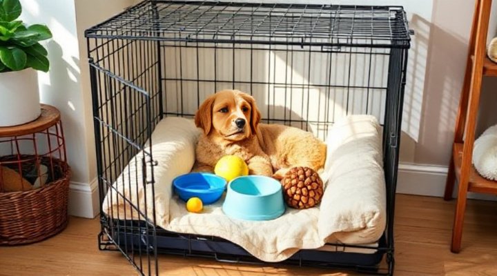 Proper puppy crate training setup with comfortable bedding