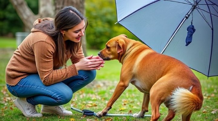 Patient owner helping anxious dog gain confidence
