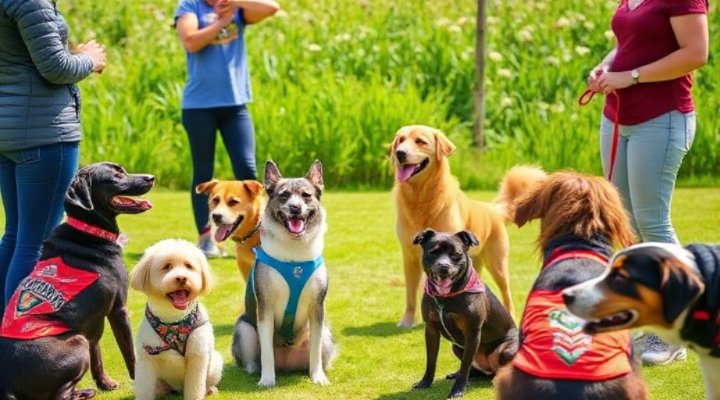 Dogs and owners participating in a group training session