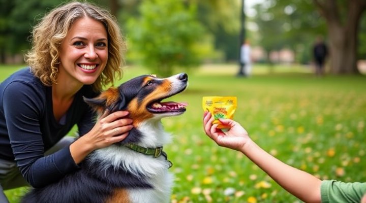 Owner rewarding dog with treat during training session