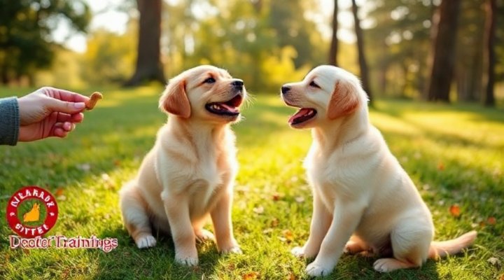 Cute golden retriever puppy sitting and learning basic commands