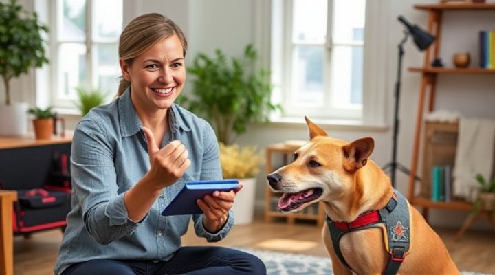 Certified dog trainer explaining commands via video call