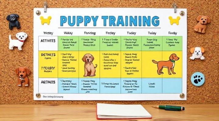 Colorful puppy training schedule chart with different activities