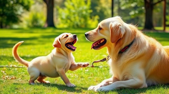 Puppy playing gently with an adult dog in park