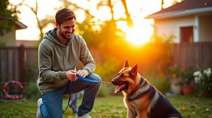 Couple teaching their puppy to stay in the backyard at dusk
