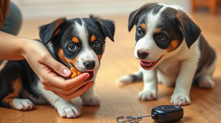Woman rewarding her puppy with treats during training