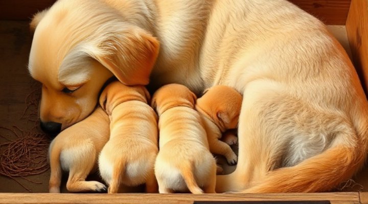 Newborn puppies nursing with their mother
