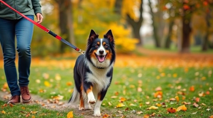 Dog walking politely on a leash without pulling