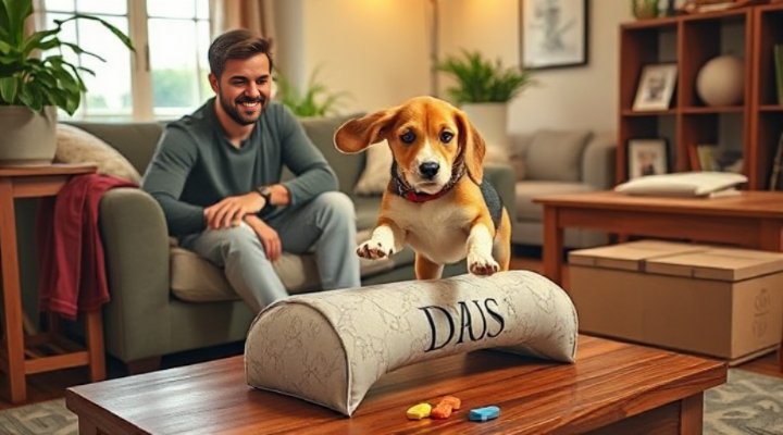 Man using household items for puppy training in living room
