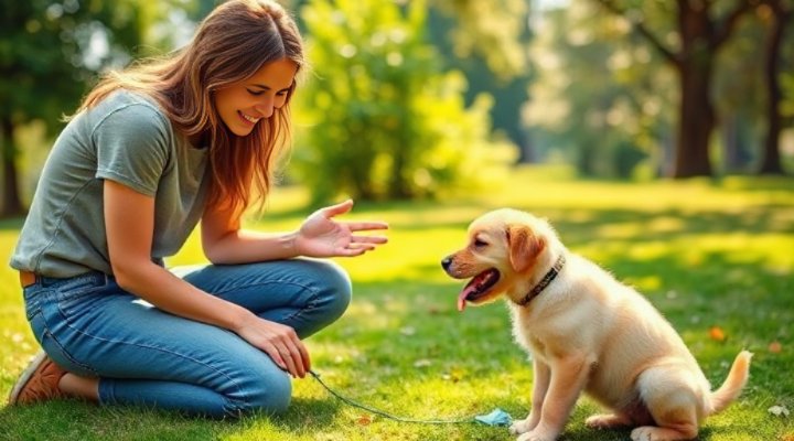 Smiling woman training her golden retriever puppy in a park