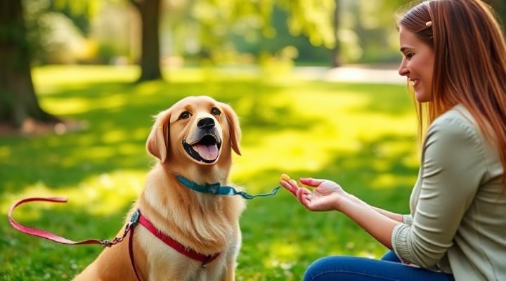 A golden retriever happily following commands from a friendly trainer