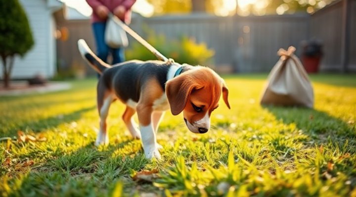 Small puppy learning potty training in backyard