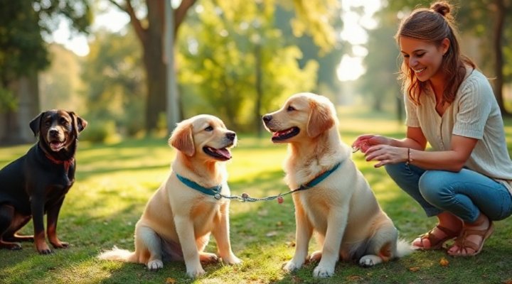 Cute golden retriever puppy learning basic commands with a trainer
