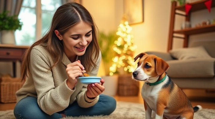 Owner rewarding a small dog with treats during training