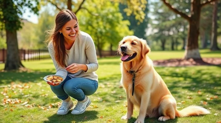 A happy golden retriever sitting next to a smiling trainer during a training session