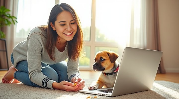 Woman teaching her puppy to sit during online training session