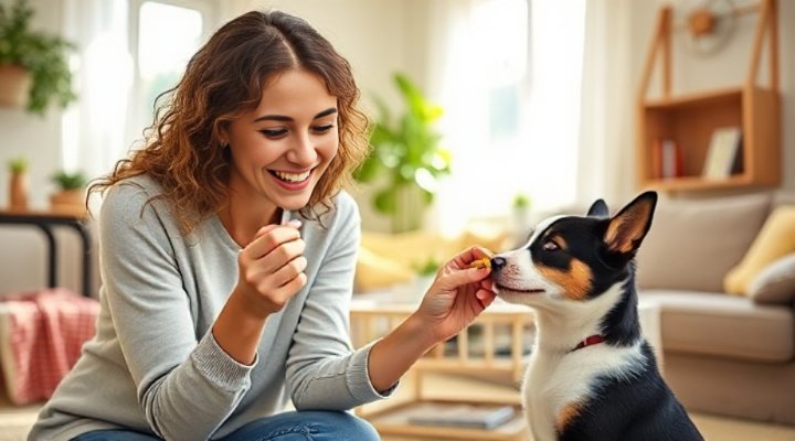 Woman rewarding her puppy with treat after successful training