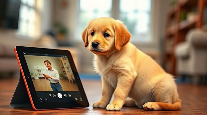 Golden retriever puppy watching training video on tablet