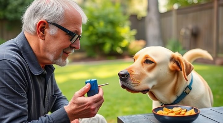 Man using clicker training method with his dog