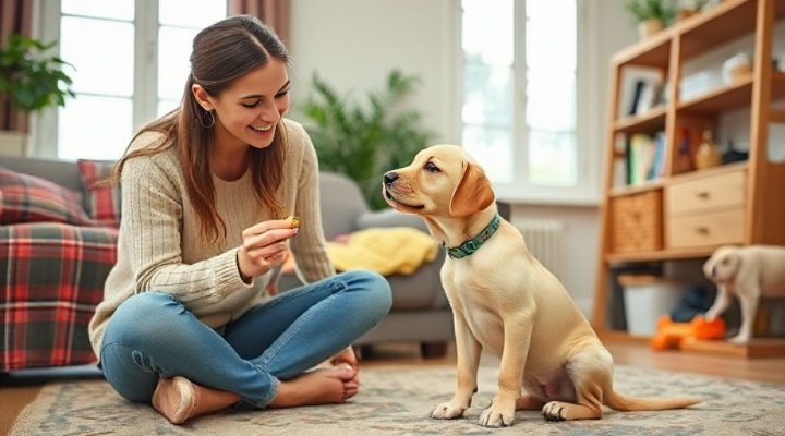 Owner training a young puppy at home with basic commands