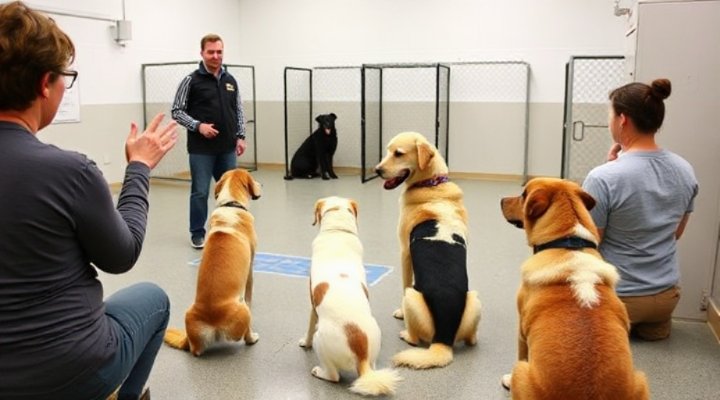 Professional trainer conducting group dog training session