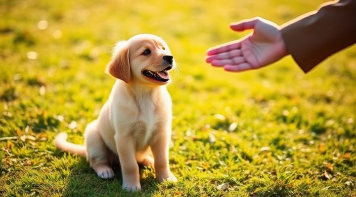A golden retriever puppy sitting and responding to training commands