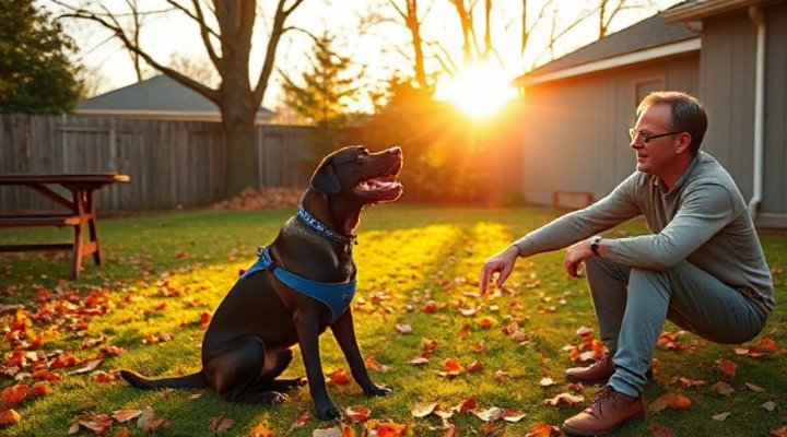 Older Labrador being trained by patient owner