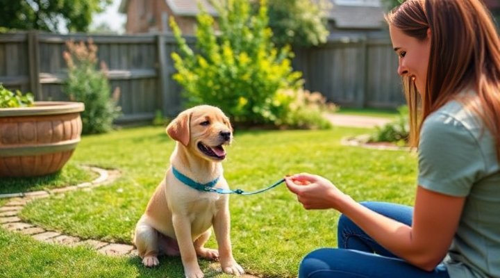 Young puppy learning basic commands with trainer