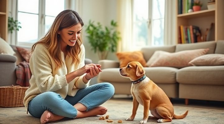 Owner teaching puppy basic commands at home using positive reinforcement