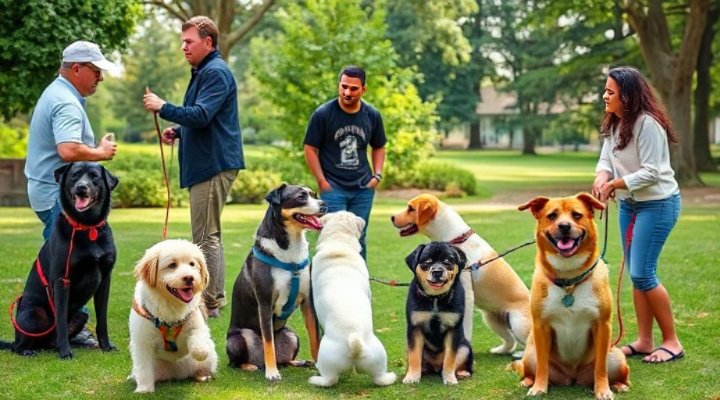 Small group of dogs and owners participating in an affordable training class outdoors