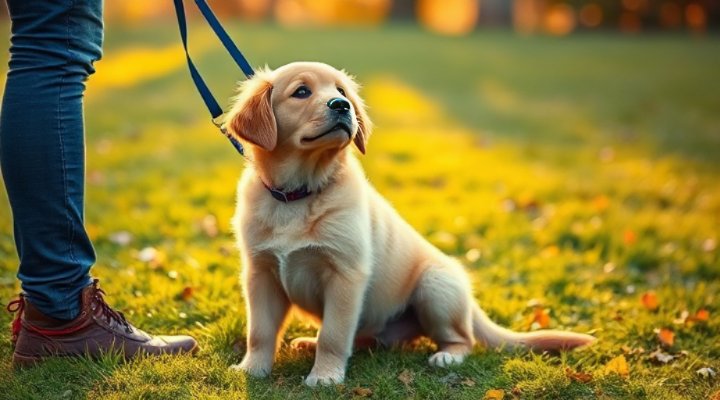 Adorable golden retriever puppy sitting during training session