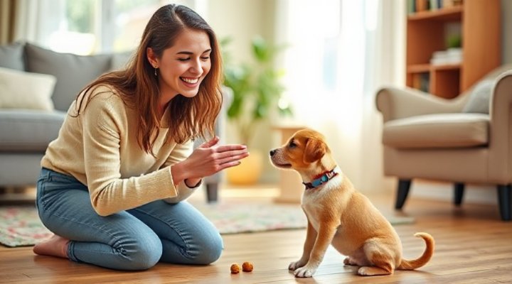 Woman teaching her puppy the sit command during training