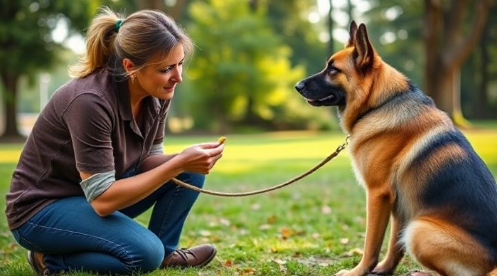 Certified dog trainer using positive reinforcement techniques with a reactive German Shepherd