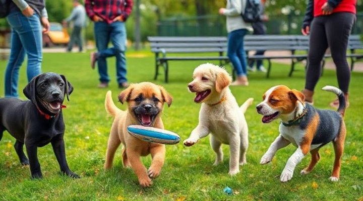 Group of puppies playing together under owner supervision