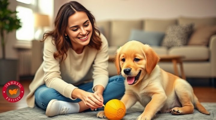 A happy owner bonding with their puppy during training