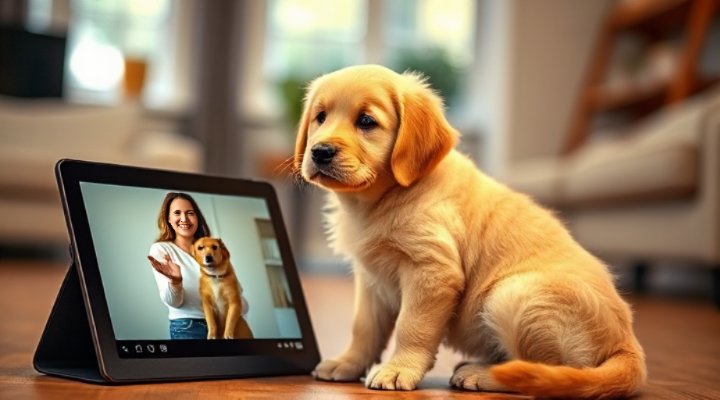 Golden retriever puppy watching training video on tablet