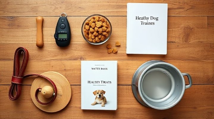 Essential dog training tools including clicker, treats and leash