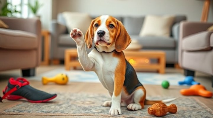 Happy beagle puppy giving paw after online training